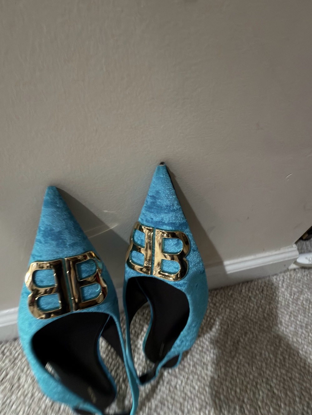 Balenciaga Teal Velvet Slingback Flats with Gold BB Logo - Picture 14 of 17